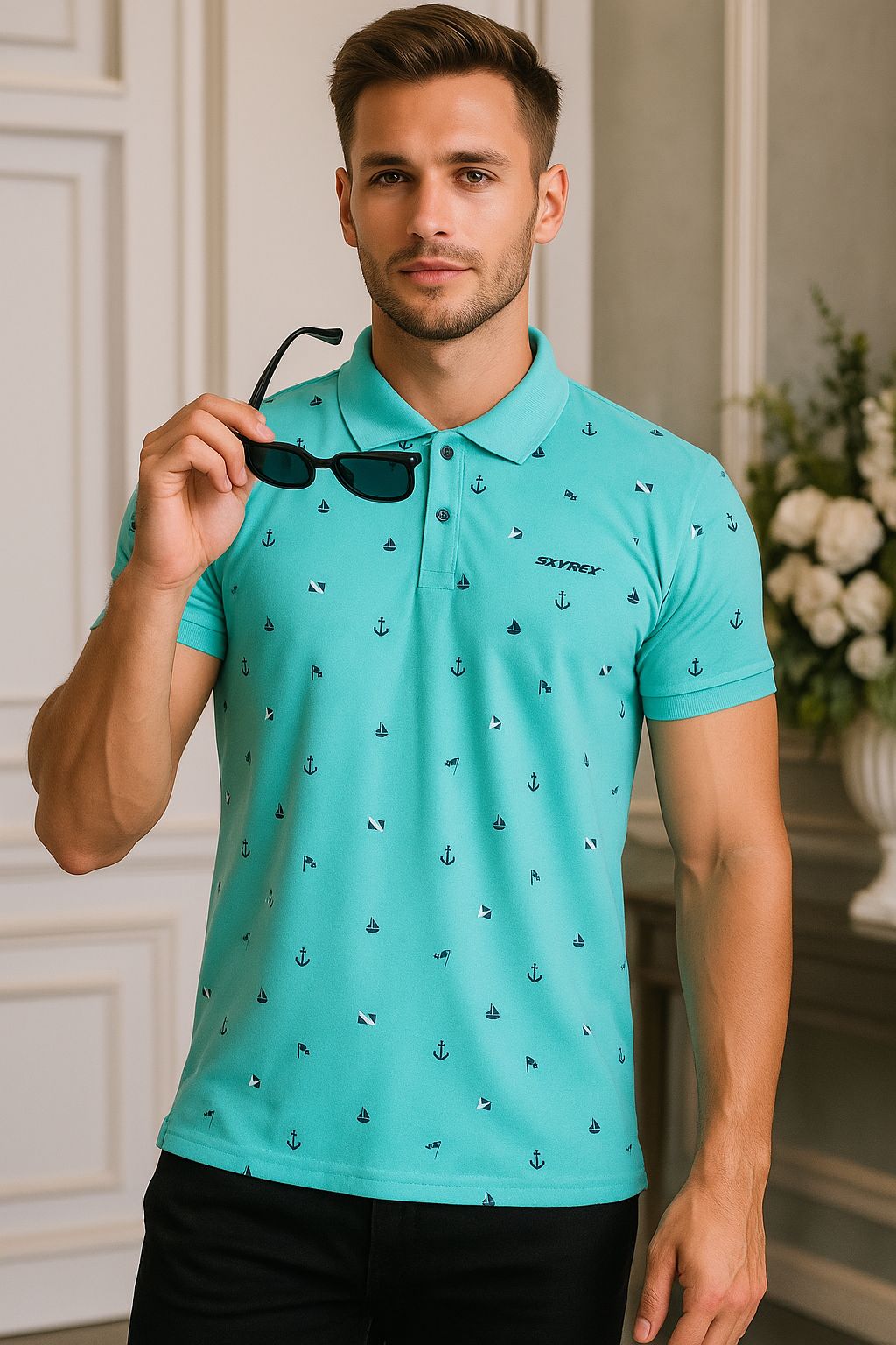 SKYREX MENS TIDE BLUE PRINTED POLO TSHIRT